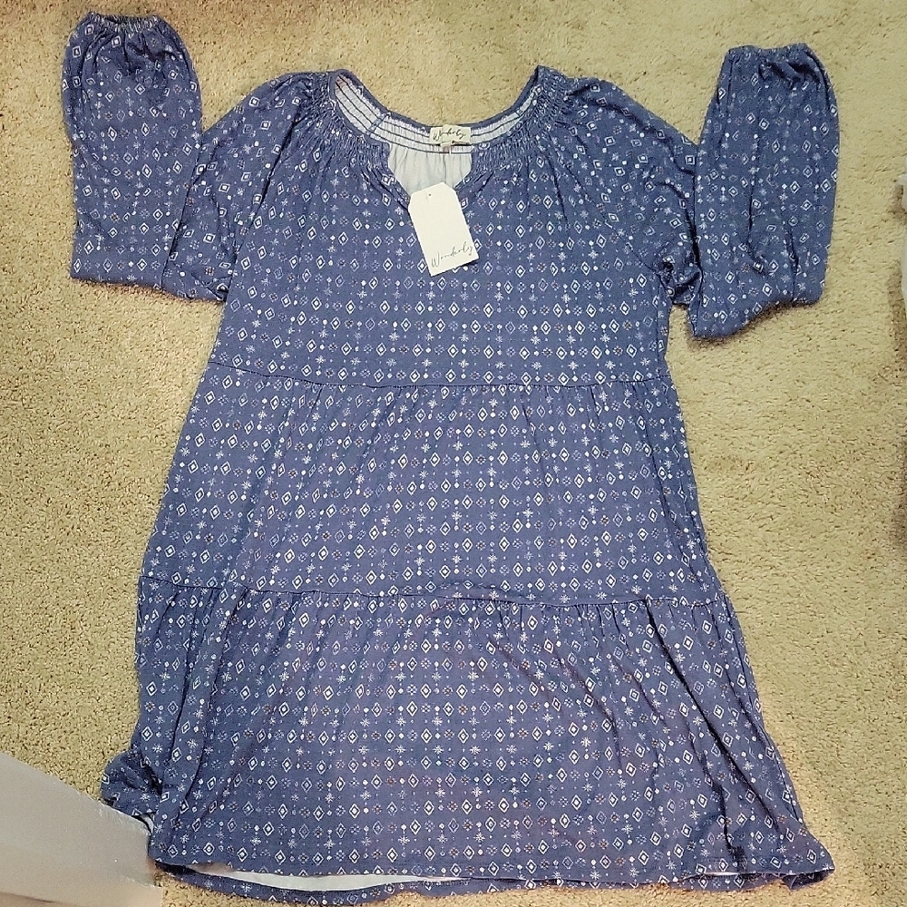 NWT Medium Wonderly Blue Patterned Long Sleeve Dress